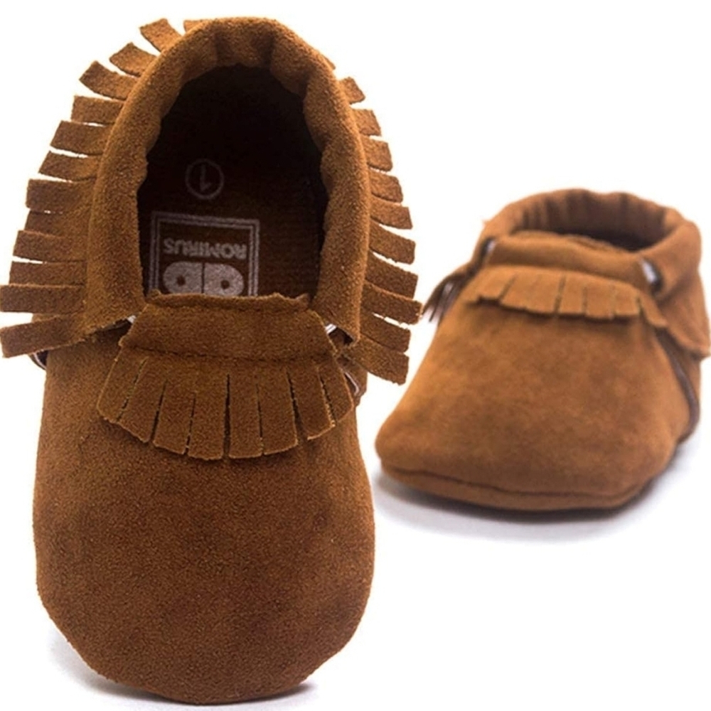 Meckior Baby Moccasins Size 2 Brown Faux Leather Tassel Soft Sole Crib Shoes NEW
